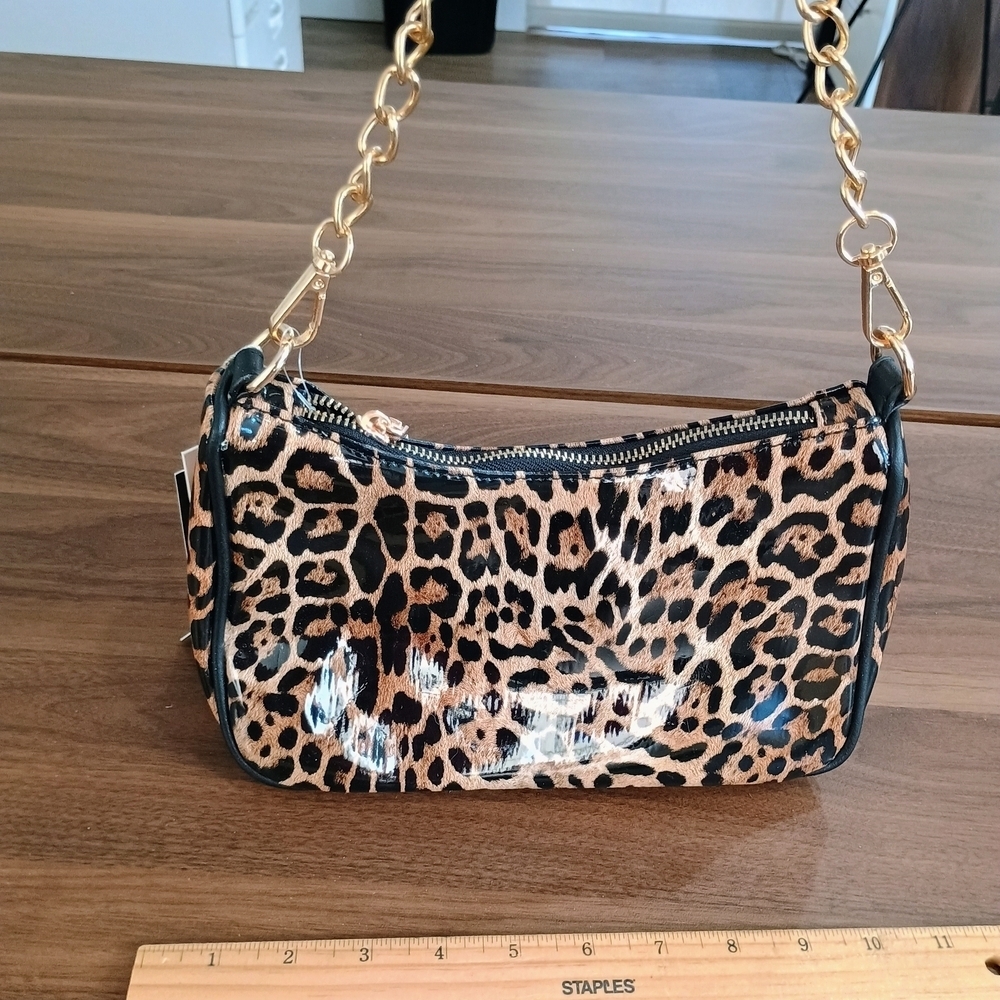 Leopard Print Mini Bag with Gold Chain